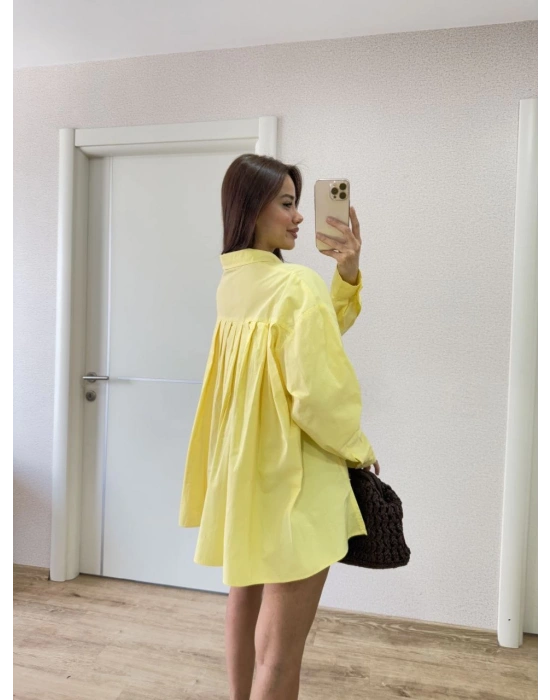 Poplin Kadın Yakalı Yandan Yırtmaçlı Arka Pens Detaylı Gömlek - Sarı