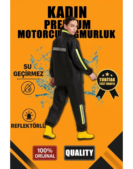 Premium Kadın Motorcu Kurye Yağmurluk Takım Su Geçirmez PVC Reflektörlü TÜBİTAK - Siyah