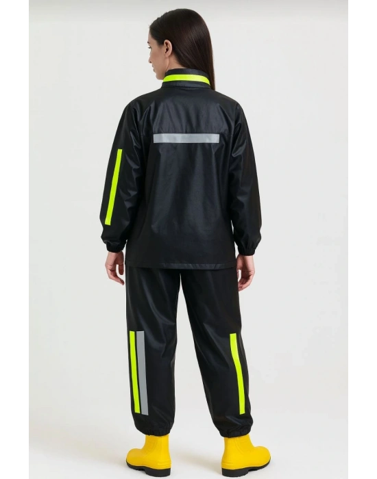 Premium Kadın Motorcu Kurye Yağmurluk Takım Su Geçirmez PVC Reflektörlü TÜBİTAK - Siyah