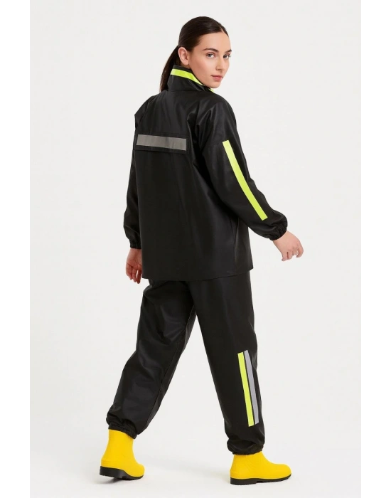 Premium Kadın Motorcu Kurye Yağmurluk Takım Su Geçirmez PVC Reflektörlü TÜBİTAK - Siyah