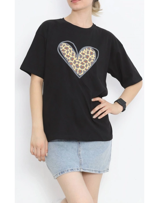 Sevgililer Günü İçin Özel Tasarım Leopar Kalp Baskılı T-shirt - Siyah