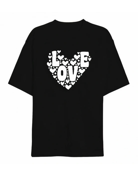 Sevgililer Günü İçin Özel Tasarım Love Kalp Baskılı T-shirt - Siyah