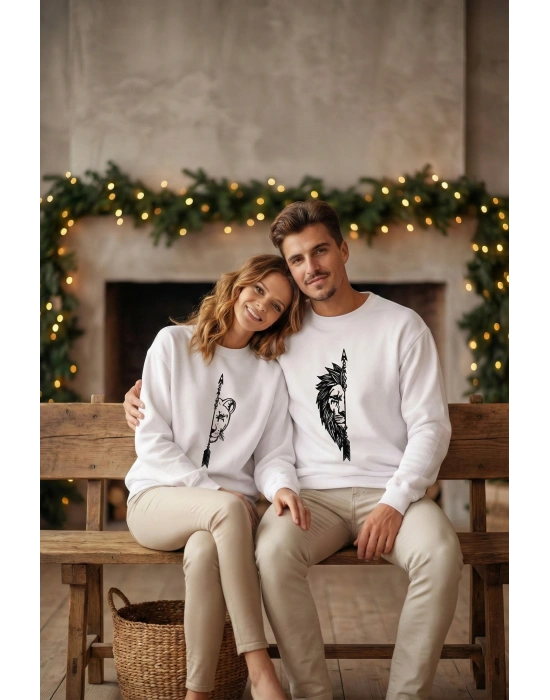 Sevgililer Günü Özel Bisiklet Yaka Aslan Baskılı Oversize Sweatshirt - Beyaz