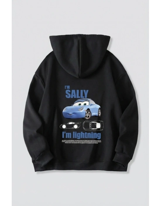 Sevgililer Günü Özel Kapüşonlu Araba Baskılı Oversize Sweatshirt - Siyah