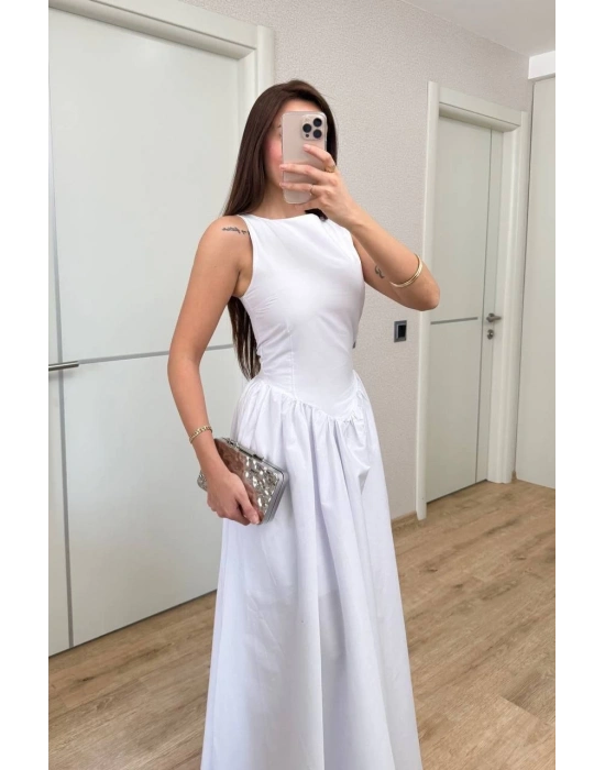 Sifir Kol Beli Oturtmalı Kolsuz Uzun Elbise - Beyaz