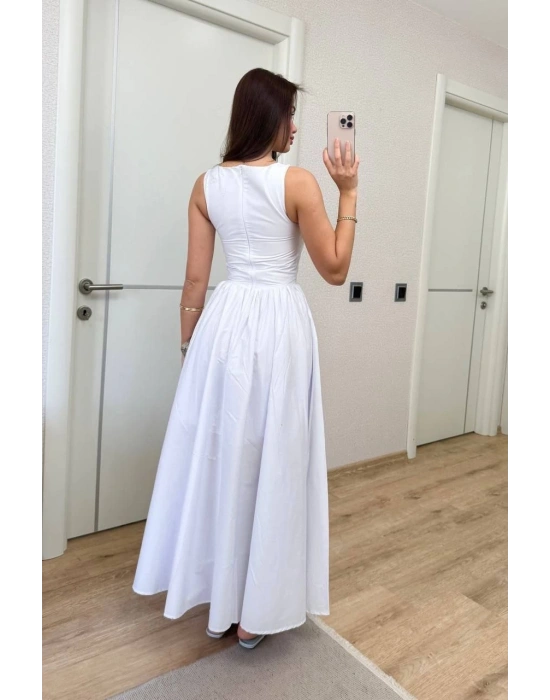 Sifir Kol Beli Oturtmalı Kolsuz Uzun Elbise - Beyaz