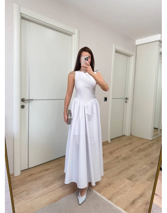 Sifir Kol Beli Oturtmalı Kolsuz Uzun Elbise - Beyaz