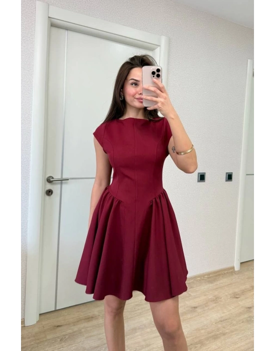 Sırt dekolteli Çan Detaylı Mini Elbise - Bordo