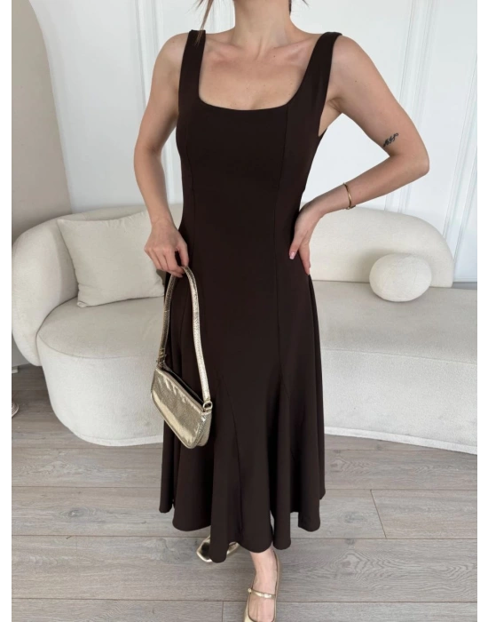 Sırt Dekolteli Kolsuz Uzun Elbise - Kahverengi