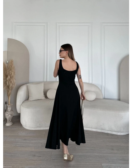 Sırt Dekolteli Kolsuz Uzun Elbise - Siyah