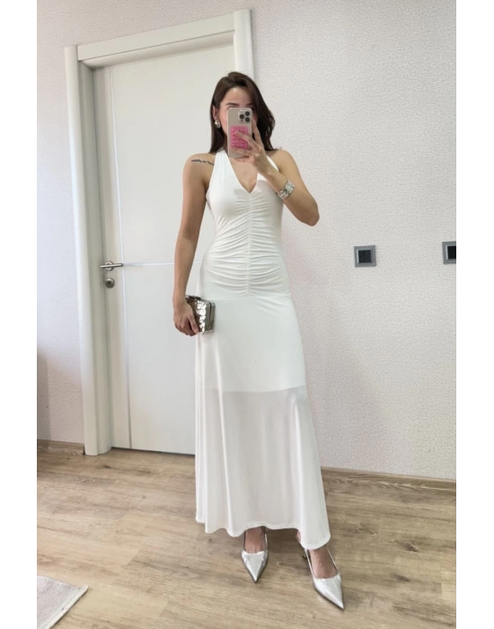Sırt dekolteli Uzun Elbise - Beyaz