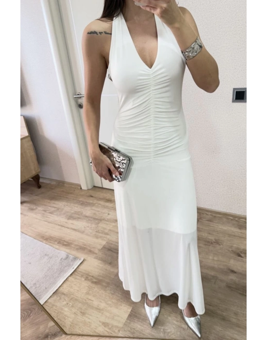 Sırt dekolteli Uzun Elbise - Beyaz