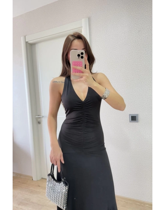 Sırt dekolteli Uzun Elbise - Siyah