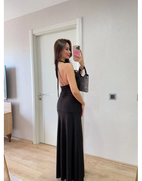 Sırt dekolteli Uzun Elbise - Siyah
