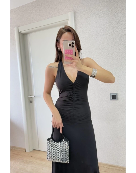 Sırt dekolteli Uzun Elbise - Siyah