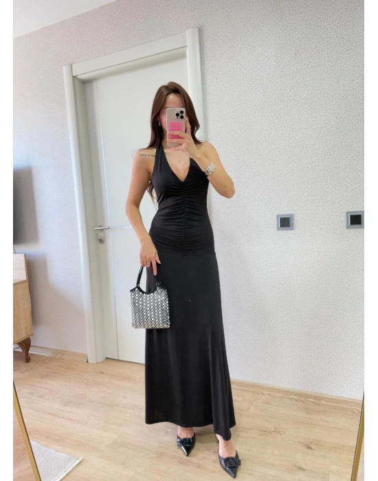 Sırt dekolteli Uzun Elbise - Siyah