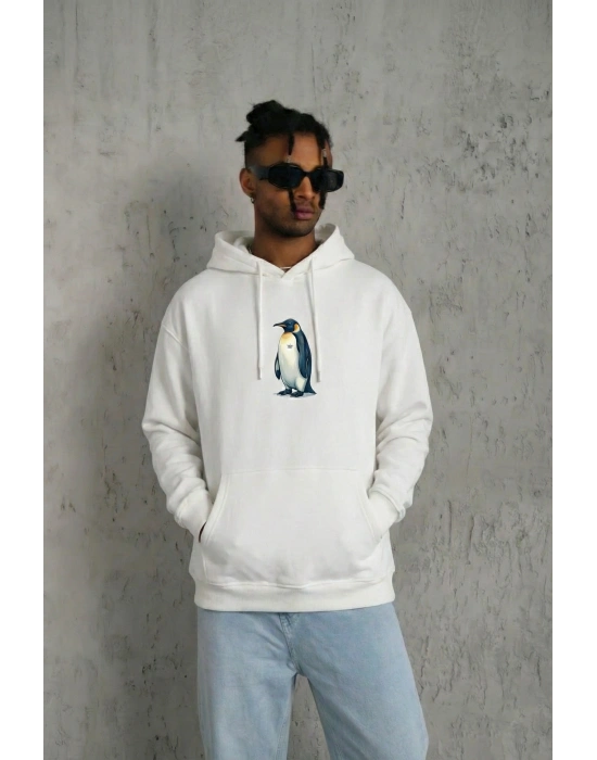 Siyah Oversize - Sırt Baskılı Survivor Penguin Temalı Felsefi Yazılı Kapüşonlu - Beyaz