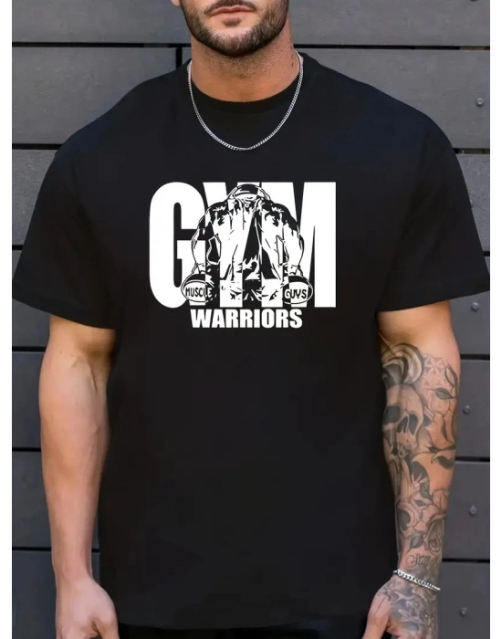 Erkek GYM Baskılı Oversize Bisiklet Yaka Erkek T-shirt - Siyah