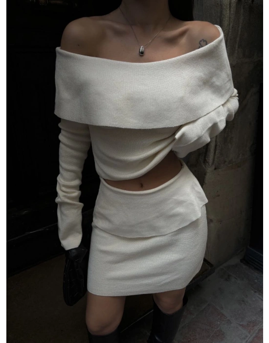 Straplez , Madonna , Carmen Yaka Croplu Mini Etekli ikili Takım Triko - Beyaz