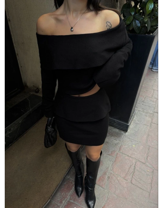 Straplez , Madonna , Carmen Yaka Croplu Mini Etekli ikili Takım Triko - Siyah