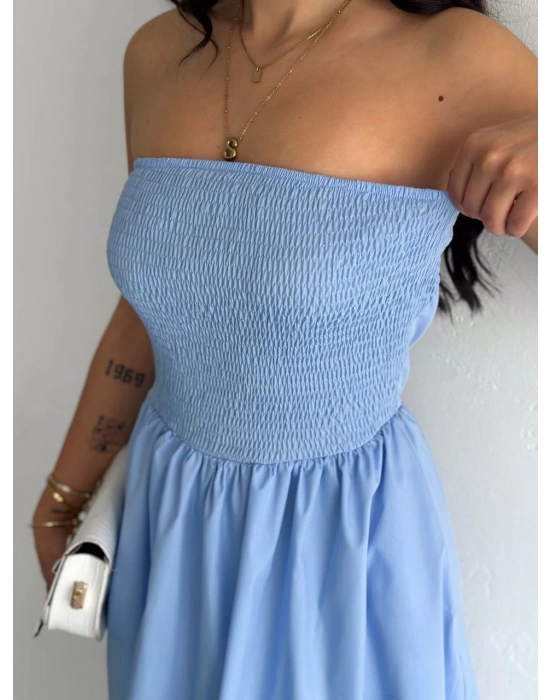 Straplez Pileli Elbise - Açık Mavi