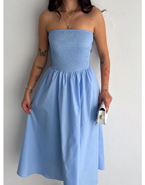 Straplez Pileli Elbise - Açık Mavi
