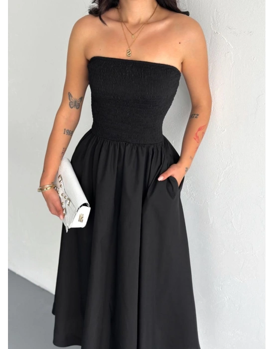 Straplez Pileli Elbise - Siyah