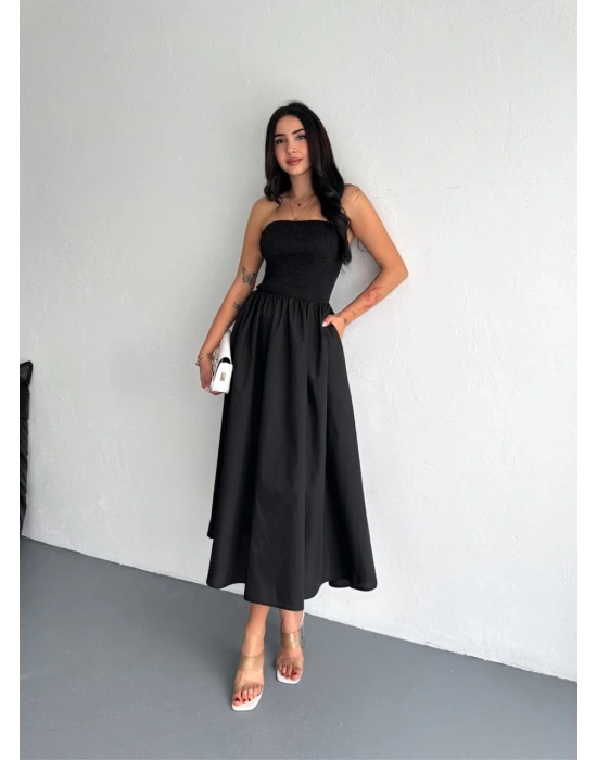 Straplez Pileli Elbise - Siyah