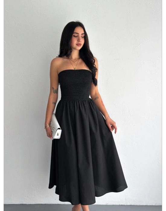 Straplez Pileli Elbise - Siyah