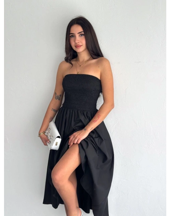 Straplez Pileli Elbise - Siyah