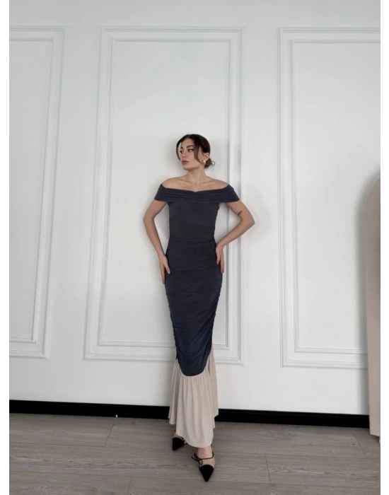 Striptiz Omuzlu Uzun Elbise- Füme