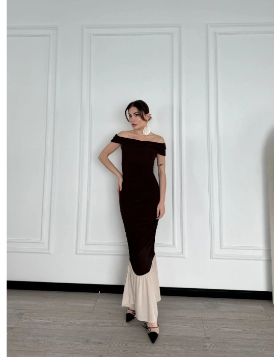 Striptiz Omuzlu Uzun Elbise - Kahve