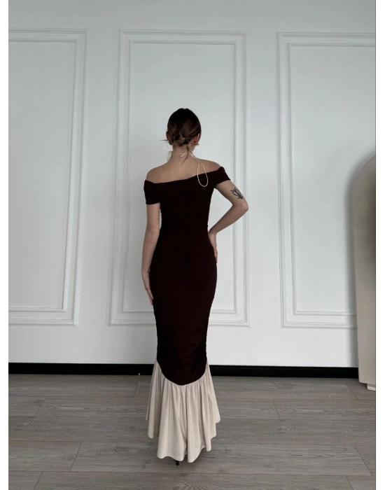 Striptiz Omuzlu Uzun Elbise - Kahve