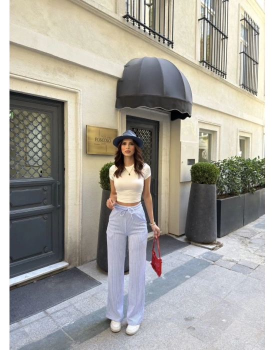 Su Yolu Çizgili kolay Kombinle Ne Bilir Cepli Pantolon - Açık Mavi