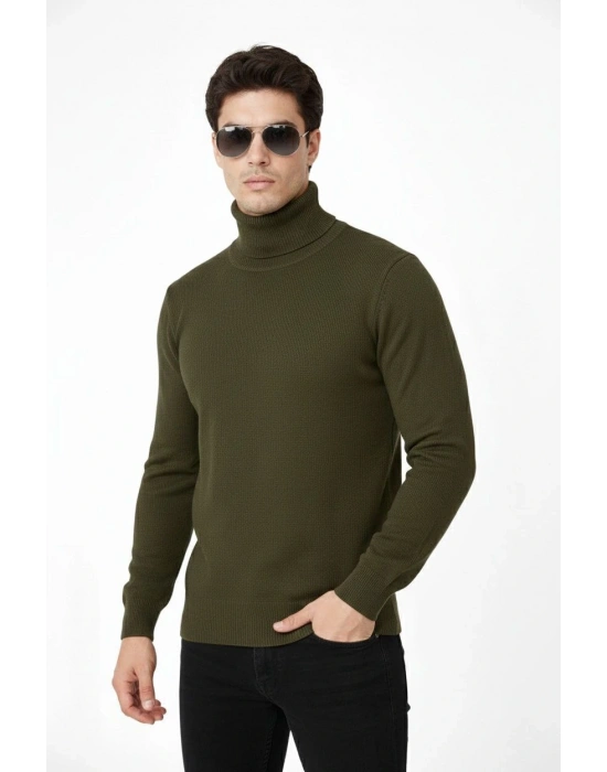 Tam Boğazlı Balıkcı Yaka Triko Kazak yumuşak dokulu Pamuklu ince Dokuma uzun kollu - Haki