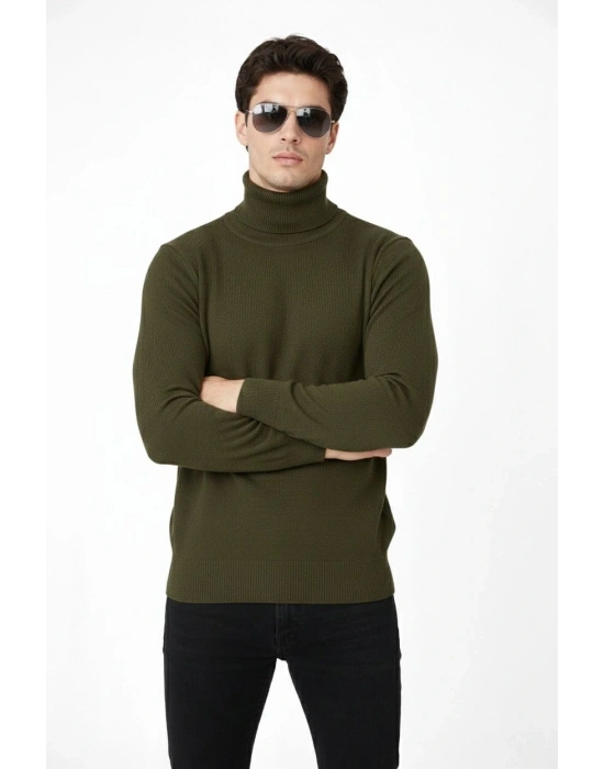 Tam Boğazlı Balıkcı Yaka Triko Kazak yumuşak dokulu Pamuklu ince Dokuma uzun kollu - Haki