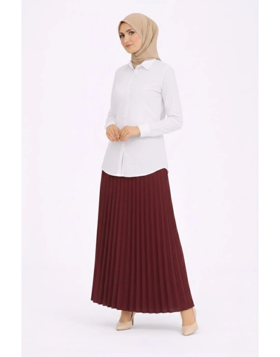 Tesettür Beyaz Gömlekli Pliseli Etek İkili Takım Gündelik ve Ofis Şıklığı - Bordo