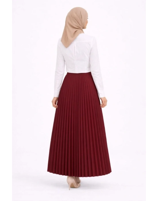 Tesettür Beyaz Gömlekli Pliseli Etek İkili Takım Gündelik ve Ofis Şıklığı - Bordo