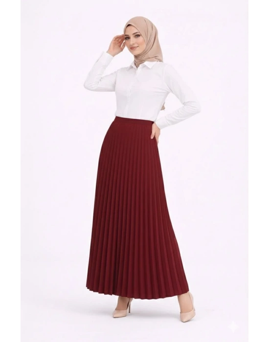 Tesettür Beyaz Gömlekli Pliseli Etek İkili Takım Gündelik ve Ofis Şıklığı - Bordo