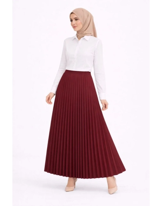 Tesettür Beyaz Gömlekli Pliseli Etek İkili Takım Gündelik ve Ofis Şıklığı - Bordo