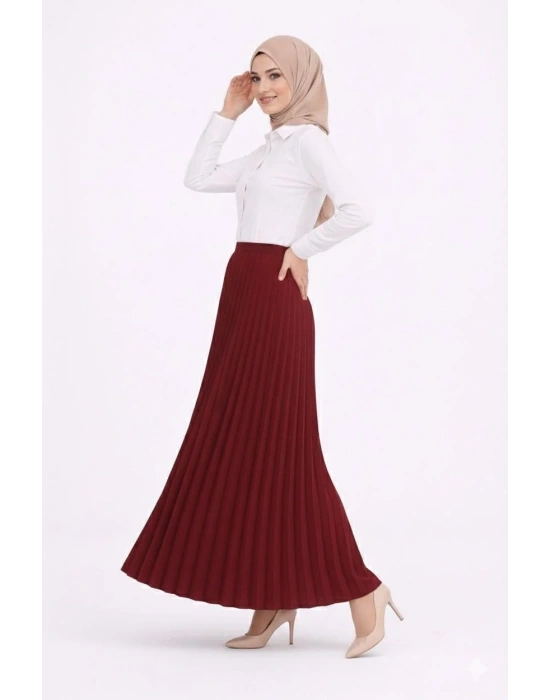 Tesettür Beyaz Gömlekli Pliseli Etek İkili Takım Gündelik ve Ofis Şıklığı - Bordo