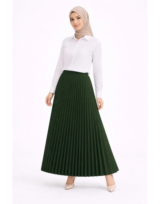 Tesettür Beyaz Gömlekli Pliseli Etek İkili Takım Gündelik ve Ofis Şıklığı - Çağla Yeşili