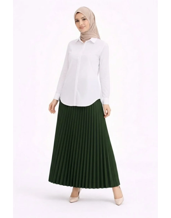 Tesettür Beyaz Gömlekli Pliseli Etek İkili Takım Gündelik ve Ofis Şıklığı - Çağla Yeşili