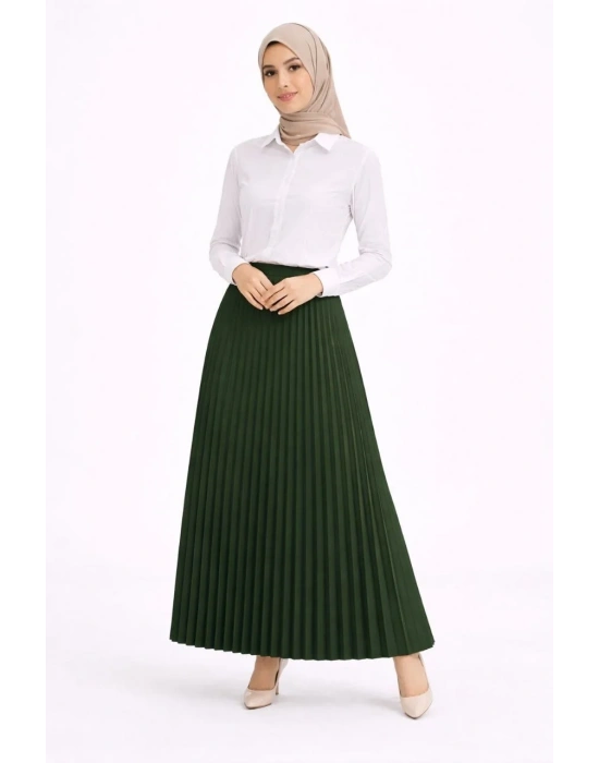 Tesettür Beyaz Gömlekli Pliseli Etek İkili Takım Gündelik ve Ofis Şıklığı - Çağla Yeşili