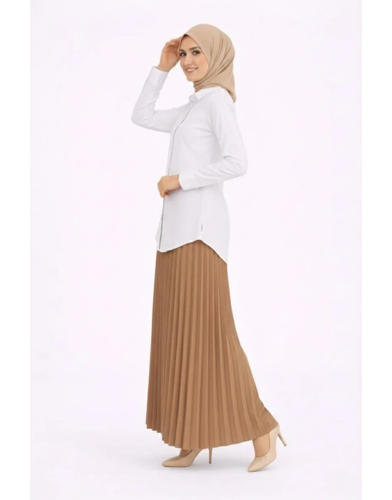 Tesettür Beyaz Gömlekli Pliseli Etek İkili Takım Gündelik ve Ofis Şıklığı - Kahverengi