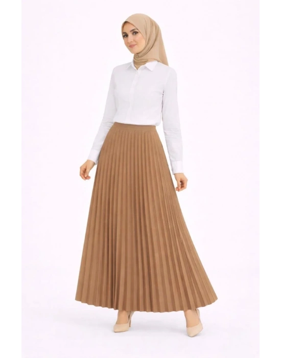 Tesettür Beyaz Gömlekli Pliseli Etek İkili Takım Gündelik ve Ofis Şıklığı - Kahverengi