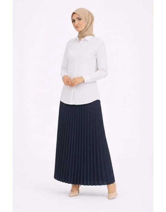 Tesettür Beyaz Gömlekli Pliseli Etek İkili Takım Gündelik ve Ofis Şıklığı - Lacivert