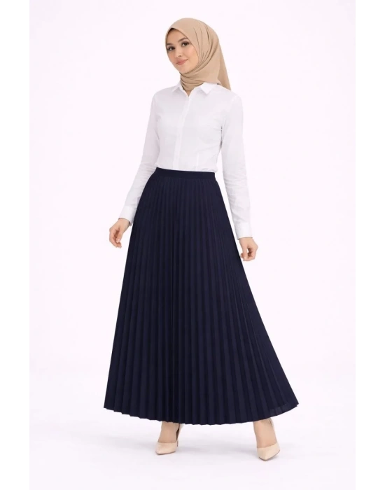 Tesettür Beyaz Gömlekli Pliseli Etek İkili Takım Gündelik ve Ofis Şıklığı - Lacivert