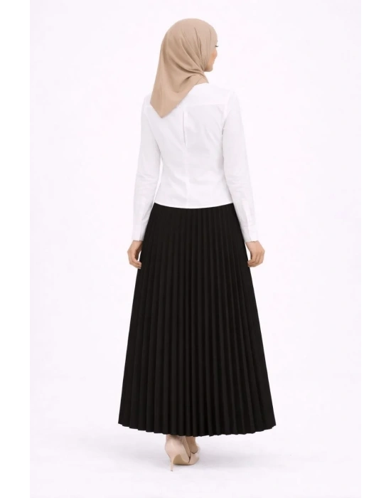 Tesettür Beyaz Gömlekli Pliseli Etek İkili Takım Gündelik ve Ofis Şıklığı - Siyah