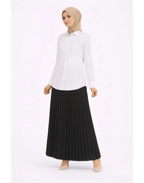 Tesettür Beyaz Gömlekli Pliseli Etek İkili Takım Gündelik ve Ofis Şıklığı - Siyah